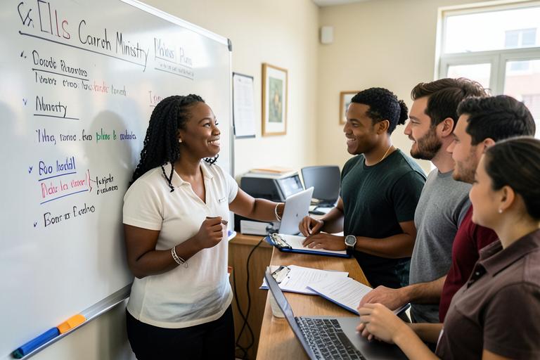 A woman planning ministry work with a team at a whiteboard