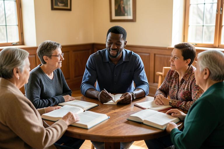 A man leading a Bible study around a table