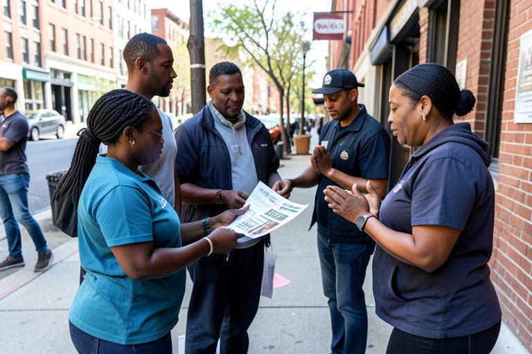 Church volunteers sharing faith on a city street