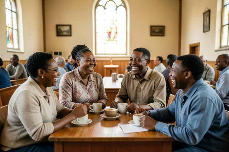 Church members laughing together over coffee