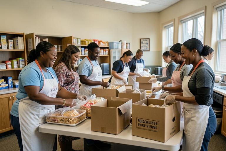Volunteers packing food boxes at a church pantry