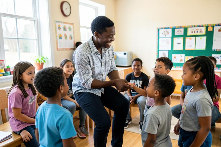 A youth leader encouraging children in a church class