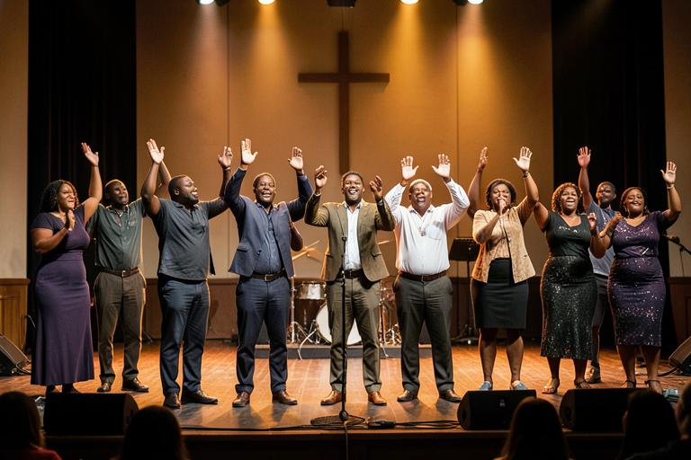 A gospel worship team singing with raised hands